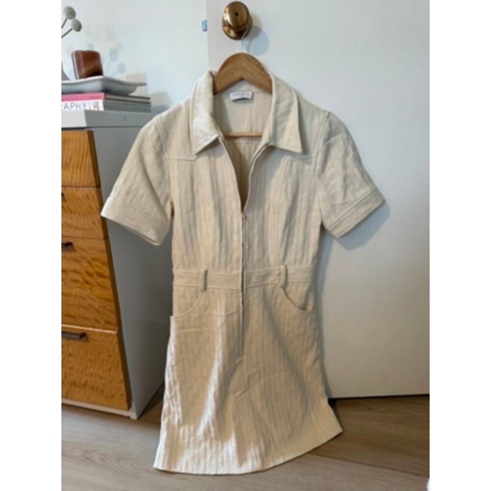 Sandro Paris Textured Cotton Mini Dress Structured Zip Front Neutral ✨